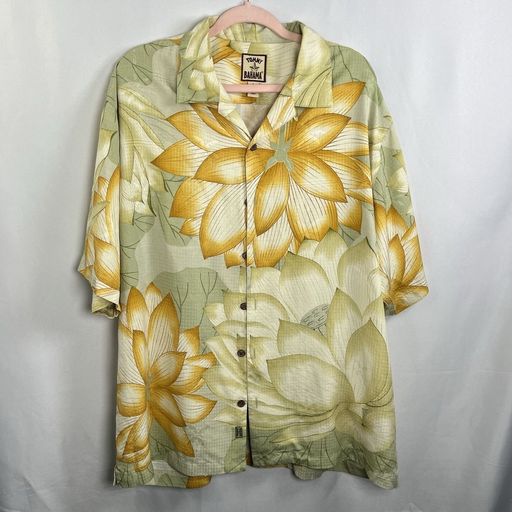 Vintage Tommy Bahama Short Sleeve Shirt Men L 100% Silk‎ Hawaiian Button Up